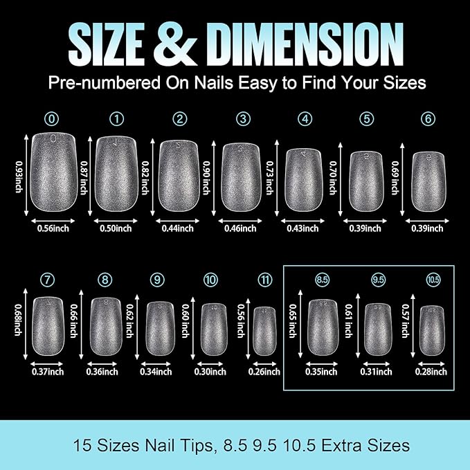 TOMICCA Short Square Gel Nail Tips, 15 Sizes No File Square Tips Full Cover, 360Pcs Soft Fake Acrylic Nails for Home DIY Nail Salon Manicure