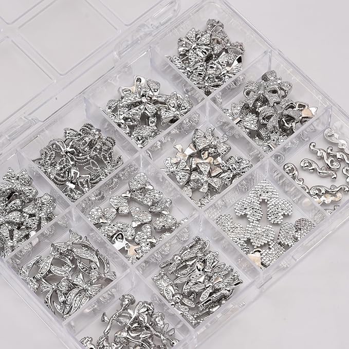 120pcs 12 Styles Black Metal Nail Charms Nail Bows Crushed Rabbit 3D Heart Rose Flower Studs Y2k Alloy Nail Decoration Rhinestone Jewelry for Acrylic Nails Art Kit Accessories Supplies