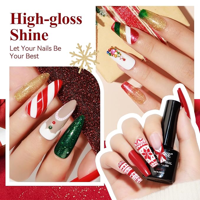 MIZHSE Gel Nail Polish 6 Colors, Classic Red Green Glitter Gold Silver Gel Polish, Long Lasting Soak Off Nail Art Manicure Home New Year Gift for Ladies