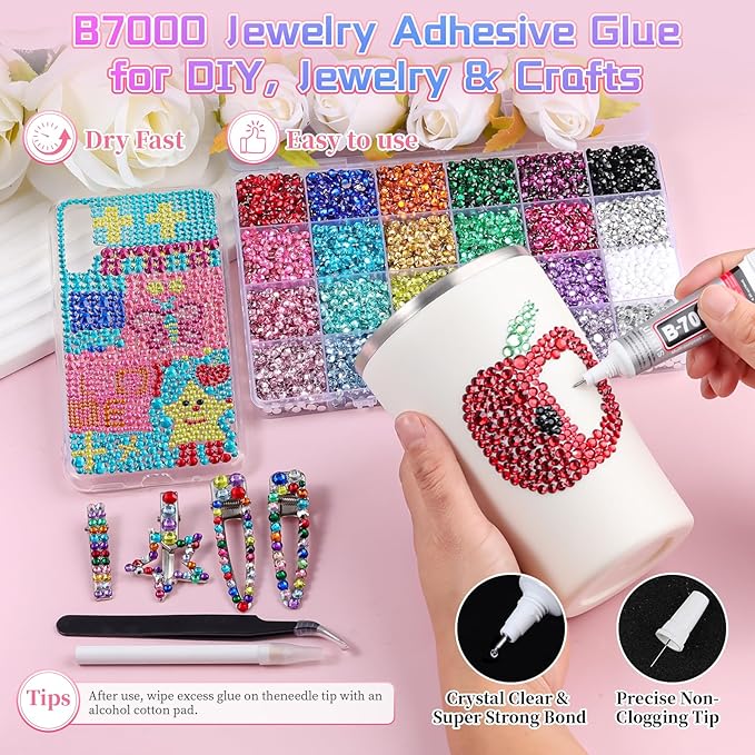 14400Pcs 4mm Resin Rhinestones for Bedazzling, Pink Red Black Flatback Gems for Crafting, Bedazzler Kit with Rhinestones Tools & B7000 Jewelry Glue for DIY Clothing Shoes Tumblers Fabric Mugs Bags
