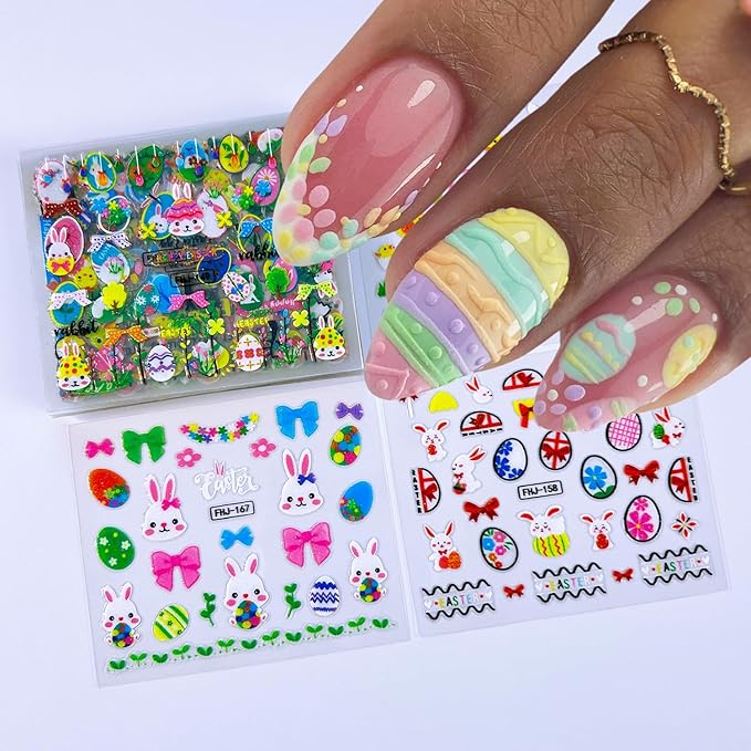 30 Sheets Easter Nail Stickers Cute Bow Chick Carrot Rabbit Nail Art Stickers Flower Tree Easter Egg Nail Decals 3D Self-Adhesive Cartoon Bunny Nail Art Decals for Women Holiday Nail Designs