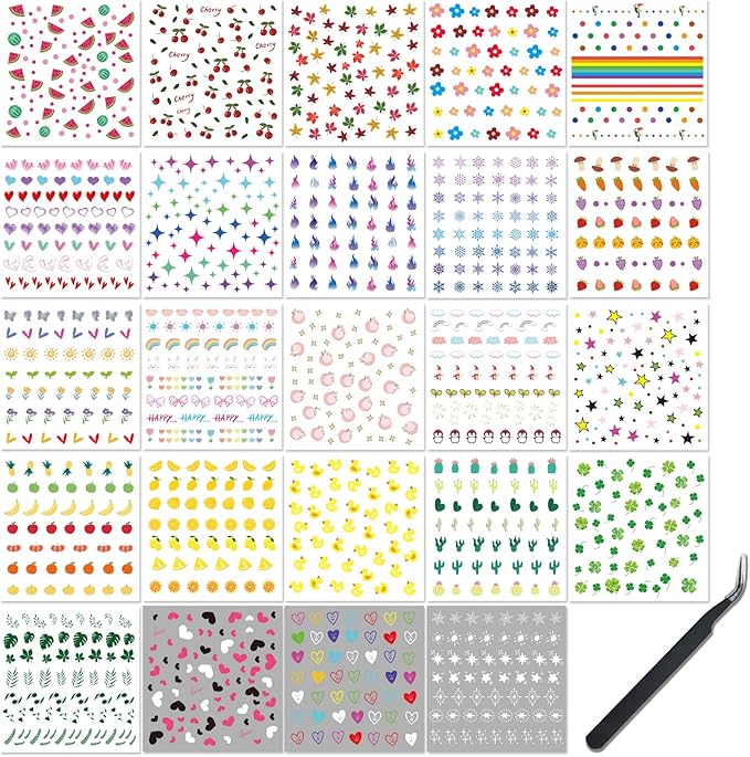 24 Sheets Nail Art Stickers, Nail Sticker Decals for Girl Women, Cute Flower Heart Rainbow Star Nail Stickers Decoration Self-Adhesive