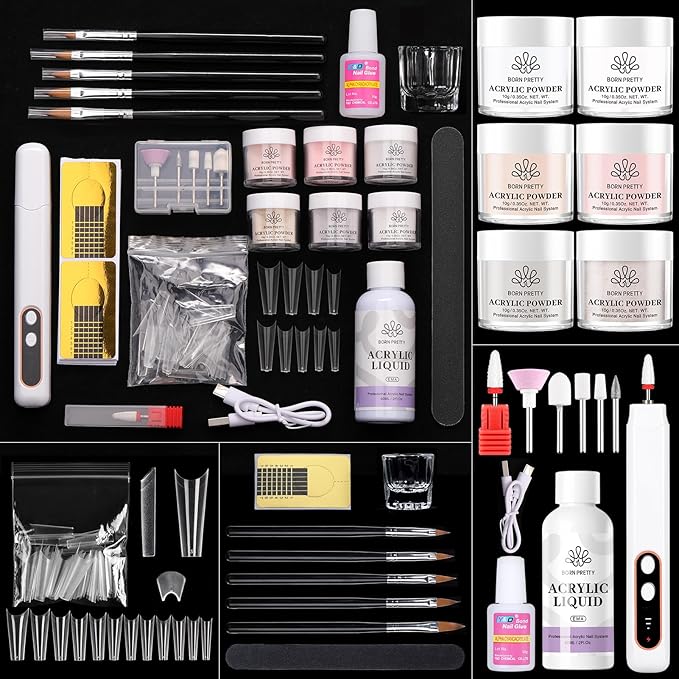 BORN PRETTY Acrylic Nail Kit with Drill - 92Pcs Acrylic Pwoder Set for Beginners With Everything Powder and Liquid Set for Nail Supplies Art Decoration Tools DIY Salon at Home