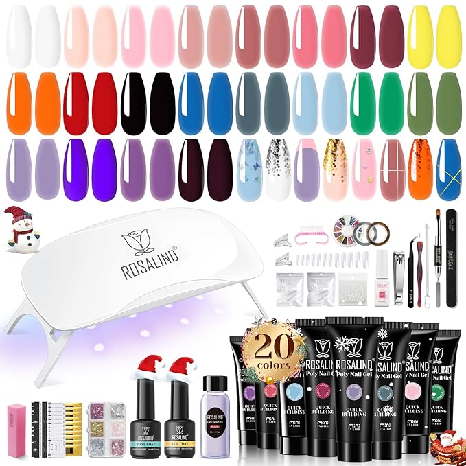 ROSALIND 20 Colors Poly Nail Gel Kit with Mini Nail Lamp Glitter Christmas Poly Nail Gel Kit Collection with Tools Clear All Seasons Classic Colors Halloween Starter Kit