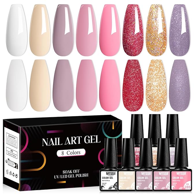 MTSSII Nude Glitter Gel Nail Polish Set 8Pcs Purple Pink Neutral Gel Polish Pastel Pink Tones Gold Beige Rose Soak off Uv Led Gel Polish Kit Gift for Girls Nail Polish
