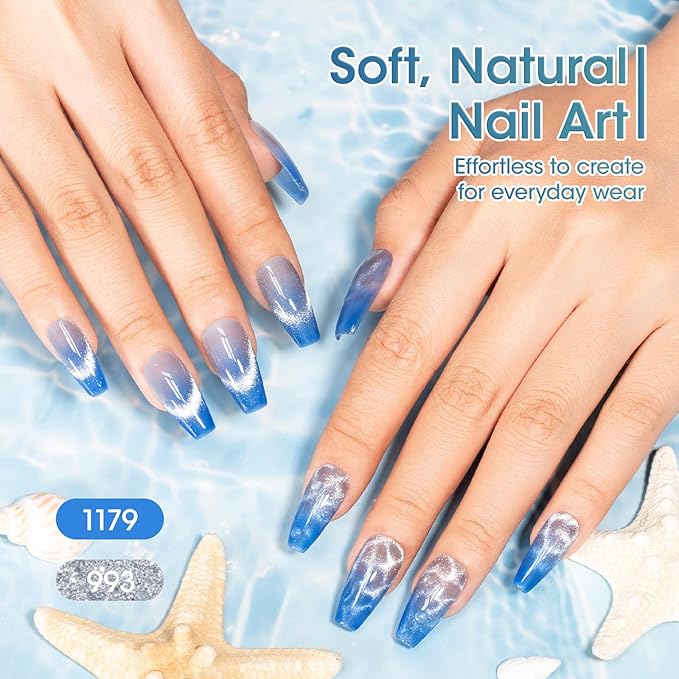 GELLEN Jelly Blue Gel Nail Polish Set, 6pcs Transparent Jelly Blue with Silver Glass Cat Eye Gel Nail Polish with Magnet, for Salon Nail Art at Home DIY