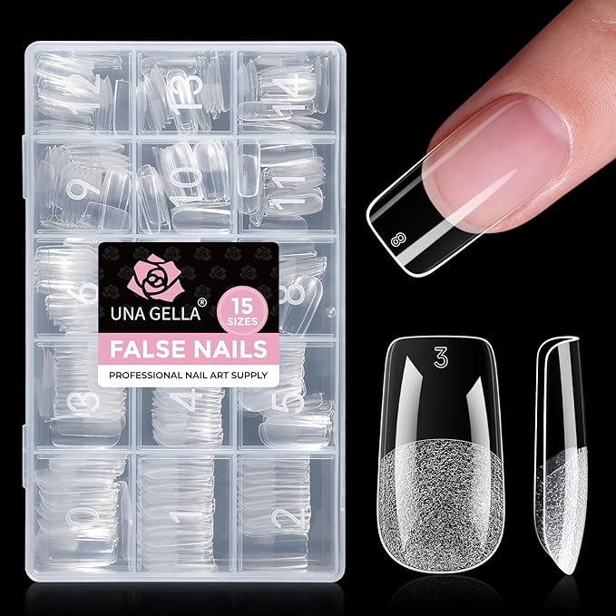 UNA GELLA Square Gel Nail Tips 15 Sizes Medium Square Press on Nails Pre Etched 300pcs Soft Gel Fake Nails Full Cover For Nail Extension Home DIY Nail Salon for Women