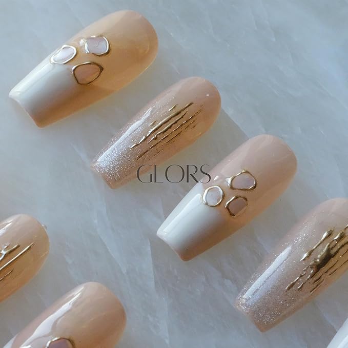 Handmade Press On Nails, Long Ballerina Shape, Pink and White Shell Design, 10 Pieces (Medium,LB)