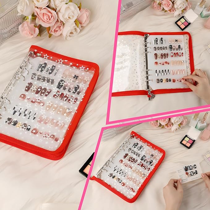 Press on Nail Organizer Binder Book, 8 A5-Sized Insert Pages & Double Sized Tape, Press on Nails Display Storage Book, Reusable Fake Nail Swatch Collecting Book (Red Star)