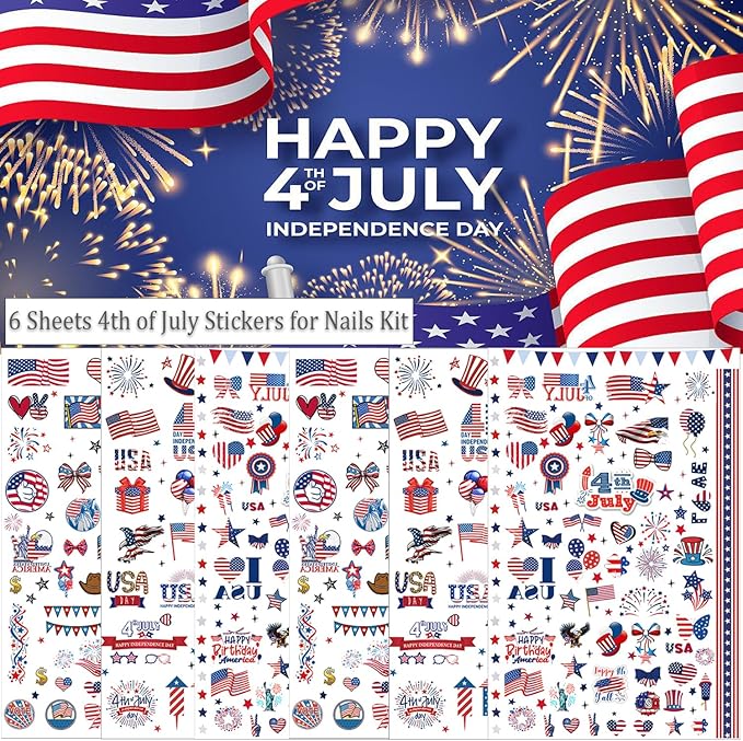 6pcs 4th of July Nail Stickers 3D Nail Decals Independence Day Nail Art Sticker for USA Flags Heart Star Stripe Letters Fireworks Nails Design Adhesive Sticker Patriotic Manicure Decorations for Women