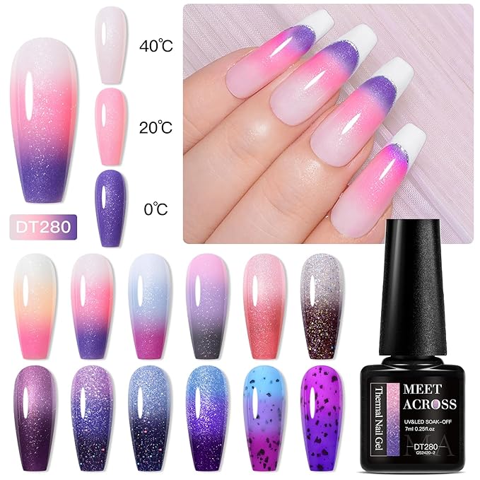 MEET ACROSS 12PCS Thermal Nail Gel Polish, Temperature Shiny Color Changing Gel Polish, Soak Off UV Sequins Gel Polish Nail Art DIY Salon Manicure Gifts