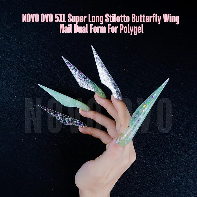 NOVO OVO Halloween Extra Long Stiletto Butterfly Wing Arrow Nail Dual Forms for Polygel Extension, NOT NAIL TIPS, XXXXL 4XL 5XL, Reusable Full Cover Molds For Builder/Hard/Polygel 70 Pcs x 14 sizes