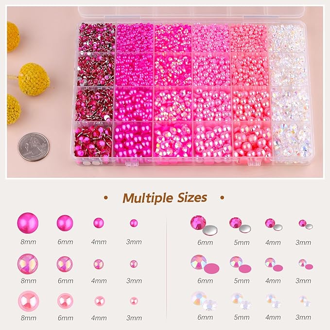 14000PCS Flatback Pearls and Pink Rhinestones for Bedazzling Kit, Hot Pink Mixed Size 3-10mm Resin Rhinestones and Half Pearls for Crafting, Nail Art Crafts Decoration