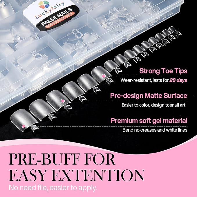 Square Toe Nail Press Ons French Style Toe Tips 240pcs Clear False Fake Toenails for Faster Toe Nail Extension Kit Home DIY Art Salon 15 Sizes Acrylic Nails, Luckyfairy