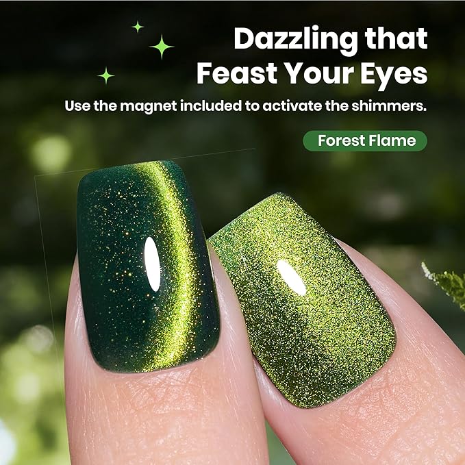Beetles Forest Flame Green Cat Eye Gel Nail Polish - 15ML Green Cat Eye Gel Polish Glitter Magnetic Translucent Glassy Effect Soak Off UV French Nail Art DIY Manicure Stpatrick Gifts for Women