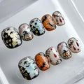 Luxury Halloween Press on Nails Short Square Handmade 3D Unique Reusable ABS Material Fake Nails Cute False Nails with Designs Pumpkin Spider Web Glossy Glue on Nail Thick Acrylic Nail(S)