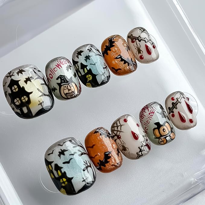 Luxury Halloween Press on Nails Short Square Handmade 3D Unique Reusable ABS Material Fake Nails Cute False Nails with Designs Pumpkin Spider Web Glossy Glue on Nail Thick Acrylic Nail(S)