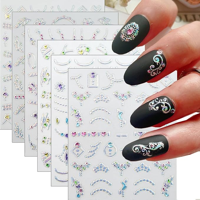 Zoance 20 Sheet 3D Nail Art Stickers, 3D Laser Silver/Rhinestones Design Luxury Self-Adhesive Nail Decals Customized Geometric&Stripe Line Nail Stickers for Women Gils Nail DIY Decoration Accessories