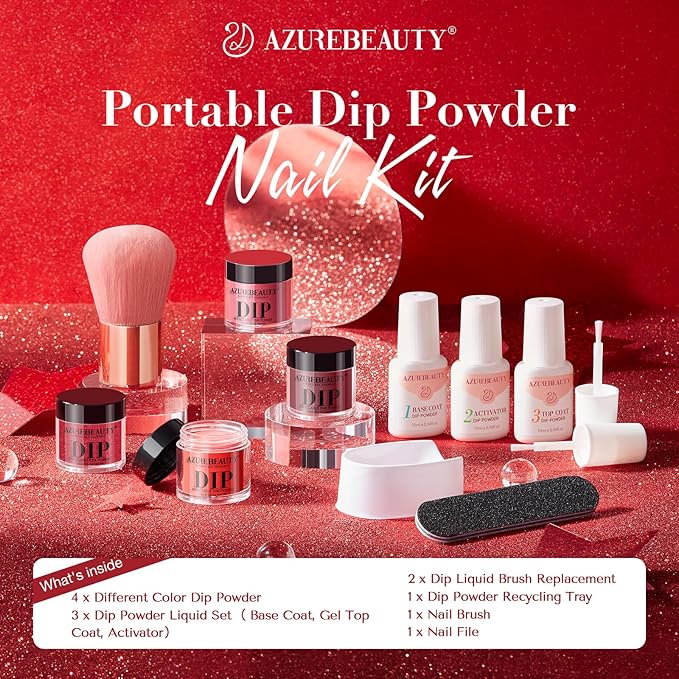 AZUREBEAUTY Dip Powder Nail Kit,4 Colors Red Burgundy Berry Dipping Powder System Liquid Set Recycling Tray with Base & Top Coat Activator for French Nail Art Manicure Salon DIY