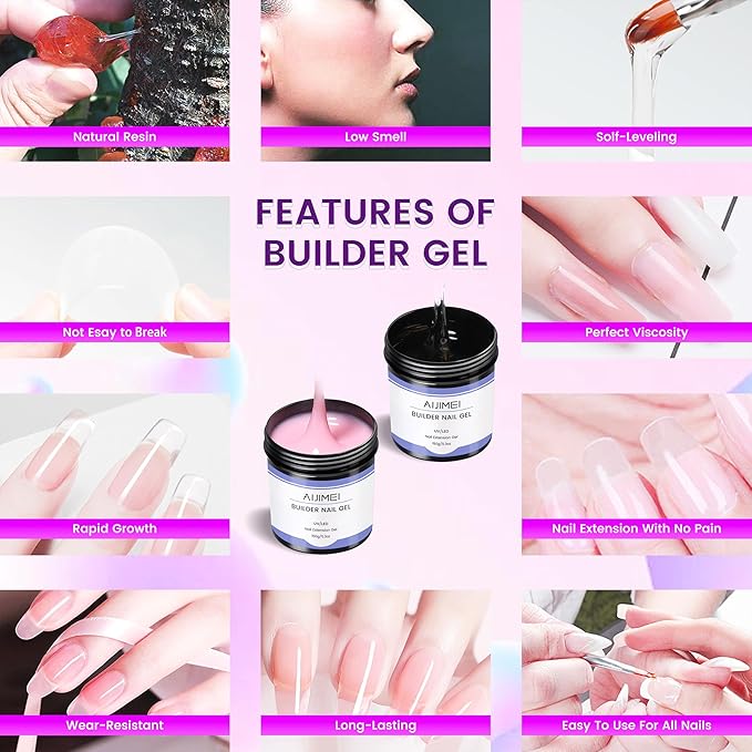 AIJIMEI Colors Clear Pink Hard Gel Kit 2pcs 150g Builder Gel for Nails Builder Nail Gels Kit Nail Strengthening and Care Color and Decoration Application (Clear & Pink)