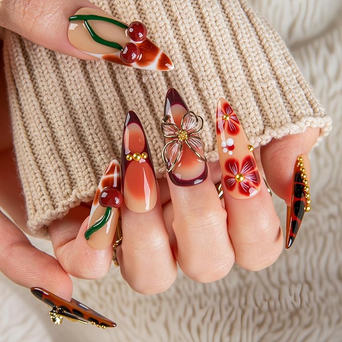LOVFUL Short French Tip Press on Nails Vintage Cherry| Handmade Acrylic Press ons| Reusable Fake False Nails | Stiletto Classic Regular 1.3in | H722-L