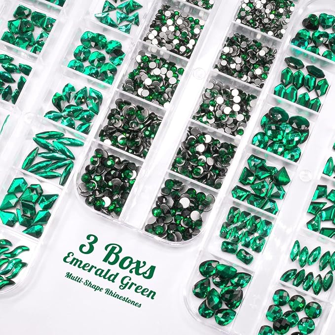 3 Boxes Emerald Green Nail Rhinestones 240 Multi-Shapes Big Gems Dark Green Flatback Round Beads K9 Glass Crystals Stones Nail Art Charms for Nails Face Eyes Makeup DIY Crafts Tumblers Bottles