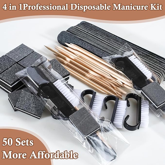 50 Sets Disposable Manicure Kit Basics 4 Piece Nail Kit for Travel,Handle Grip Brush,Mini Nail Buffer Nail File and Wood Stick for Gifts Salon Home Professional(50 Set-Black)