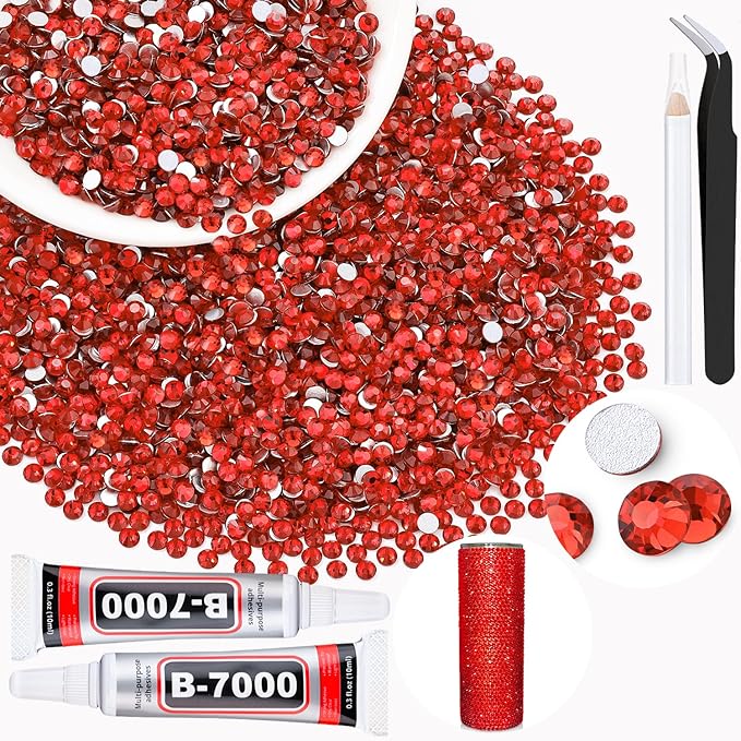 2500PCS SS10/2.8mm Crystal Rhinestones (Light Red/Light Siam) with 2Pcs 10ml B7000 Jewelry Glue, Bedazzling Flatback Glass Rhinestones for Crafting, Gems Diomand for Tumbler Shoes Clothing Nail Art