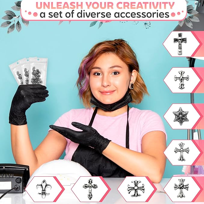 120 PCs Silver Cross Nail Charms – Cross Charms for Nails – Sturdy and Easy-to-Apply Decorations, DIY and Professional Use, 3D Art for Nails | Works with Rhinestones and Nail Art Striping Tape Lines
