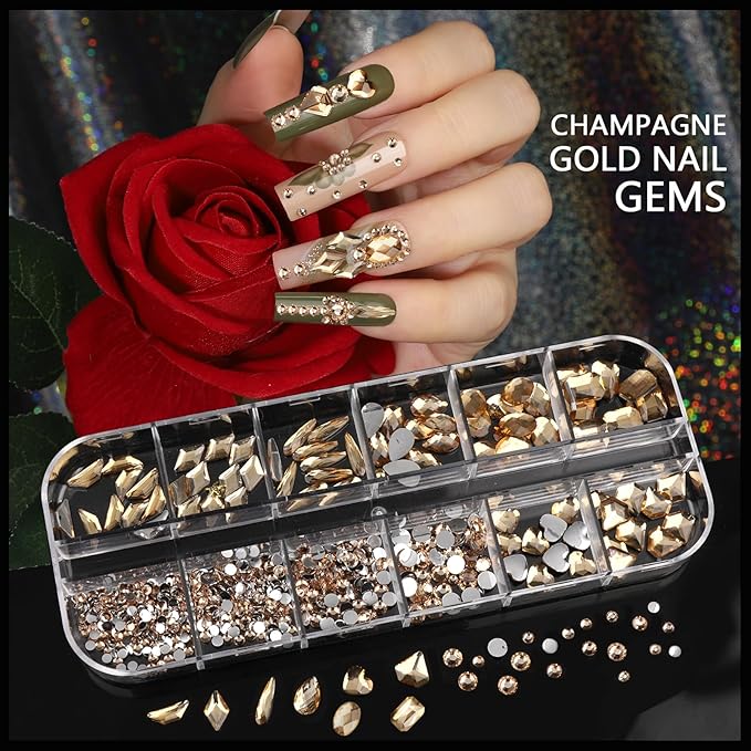 Teentior Nail Charms Gold Rhinestones for Nails with 15 Sheets Gold Nail Stickers, 6 Boxes Nail Gems Pearls for Nails, Cross Nail Charms for Nails Design Nail Art Rhinestones, Caviar Beads for Nails