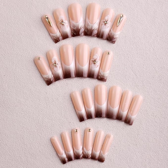 Length Square Press on Nails Gradient Brown Fake Nails Embossed Flowers Artificial Nail 3D Rhinestones Acrylic Stick on Nail for Women 24pcs