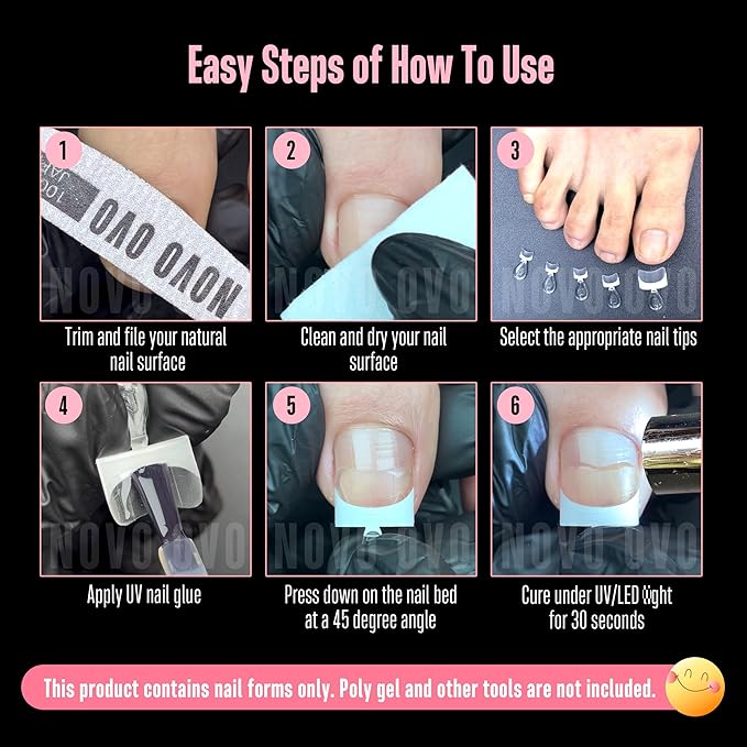 NOVO OVO White French Tip Half Cover Toe Nail Tips, Clear Soft Gel with Auxiliary Line for Fake False Toenail Extension, Sharp Square Medium Wide for Men Women Acrylic pedicure x15 Sizes 240 Pcs