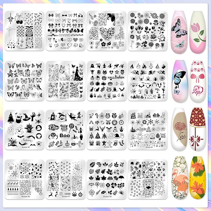 Biutee Nail Stamper Kit 16Pcs Nail Art Stamping Plate 8 Colors Stamp Polish Gel Silicone Stamper Scraper with Storage Bag, Nail Stamp Plates Love Flower Butterfly Leaf Template Holiday Design Gift