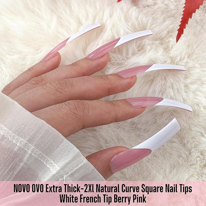 NOVO OVO Halloween XXL Sharp Square Slight Curved Nail Tips French Tip BERRY PINK, Full Cover Press on Acrylic, Extra Thick Soft Gel False Nail, NEED Builder Gel Top Coat Glue x 15 Sizes 150 pcs
