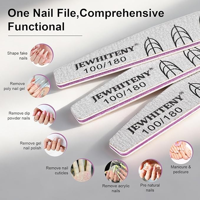 JEWHITENY 9 PCS Nail File Set: 100/180 Grit Emery Boards Dual-Sided Nail File for Natural Nails and Acrylic Nails,Washable and Reusable Multi-Grit Manicure Kit for Beginners & Professionals