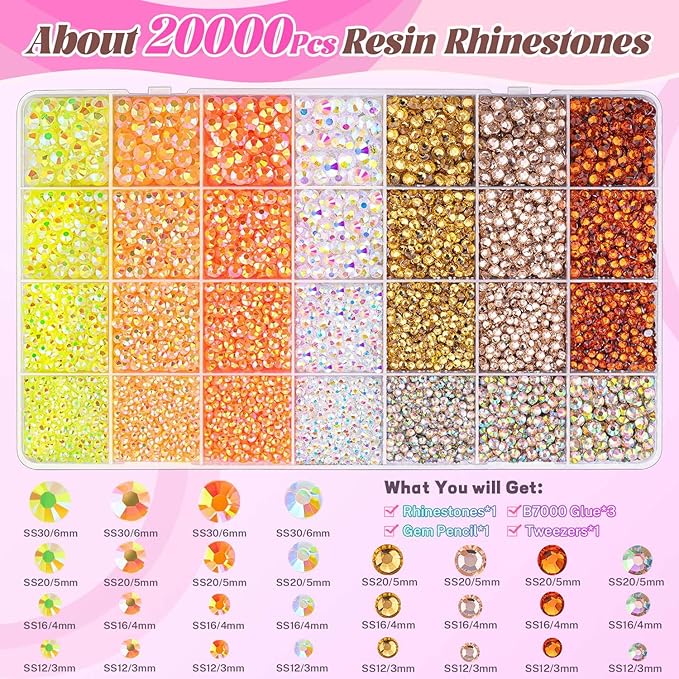 20000Pcs Yellow Rhinestones for Bedazzling with 3Pcs B7000 Jewelry Glue, Resin Rhinestones for Crafting Crafts，Bedazzler Kit Flatback Gems for Clothing Shoes Tumblers Nail Art