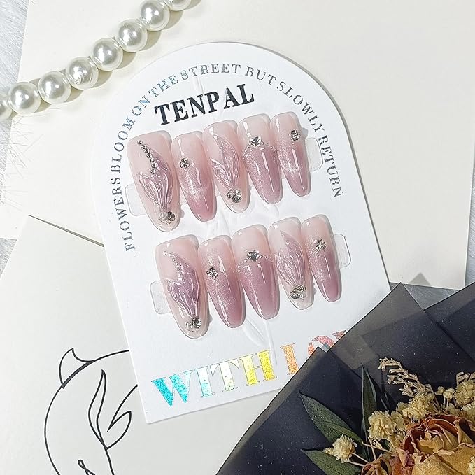 Gradient Purple Press on Nails Long Almond Cat Eye Mermaid Tail Designs Fake Nails Detachable Acrylic Shimmery Glitter False Nails with Tools Handmade Glossy Artificial Glue on Nails(L)