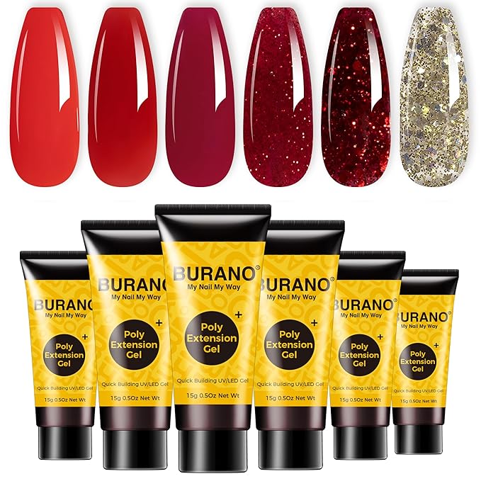 BURANO Poly Extension Gel Nail Kit, 6 Colors Nail Poly Nails Builder Gel Set for Beginner & Professional Using, DIY Starter Kit Nail Art Gift (Red)