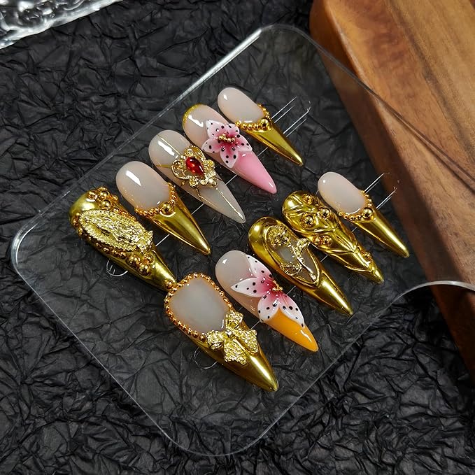Long Stiletto Press on Nails - Gold Baroque with 3D Rose & Saint Charms | Reusable & Icy False Nails | Royal Gala Style for Grand Events(M)