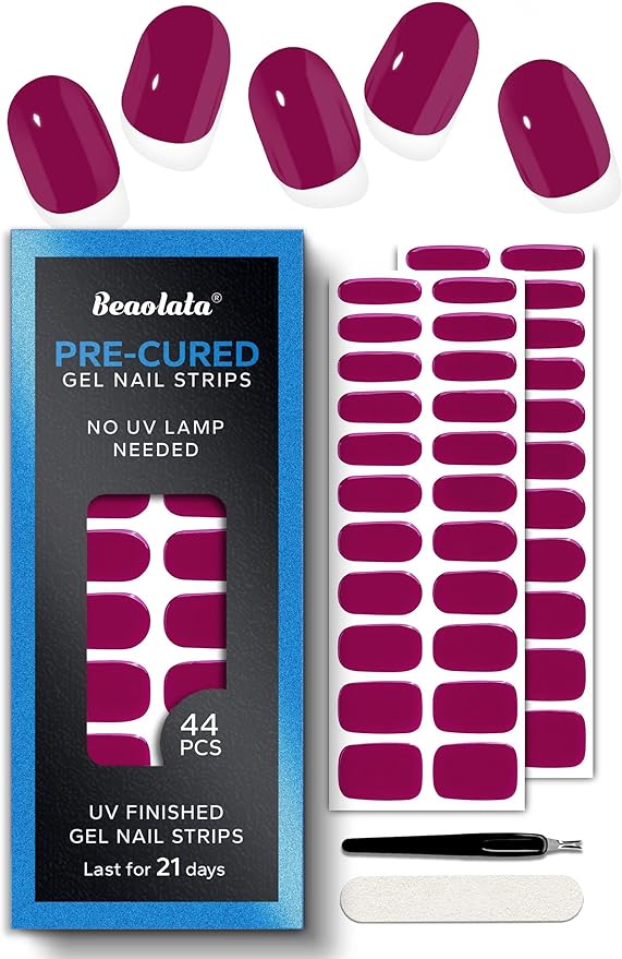 Real Gel Nail Strips (No UV Light Needed) - 44Pcs Salon Quality Nail Stickers - Long Lasting Polish Wraps for Women, Easy Apply & Remove (Tropical Pink）