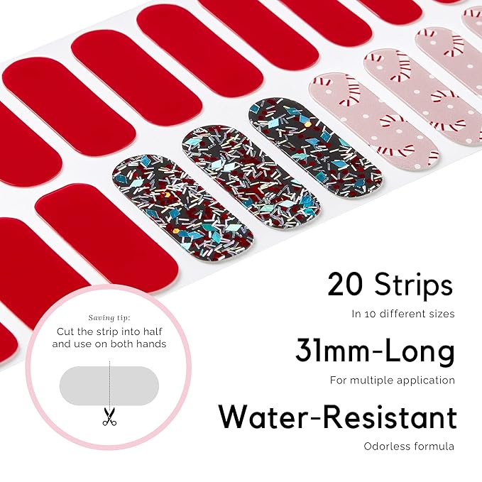 NAILOG Semi Cured Gel Nail Strips for Christmas Day, 20Pcs Red Candy Lasting Gel Nail Stickers, Salon Quality Easy Apply & Remove Works with Any UV/LED Nail Lamps, Dazzling Night