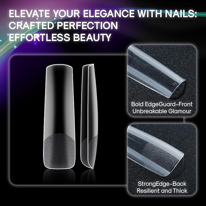 No C Curve XXL Square Nail Tips, Half Matte Clear Half Cover, Square Straight Flat Tips for Acrylic Nails Art Design, Salons, Home DIY Nail Extension(12 Sizes 240PCS)