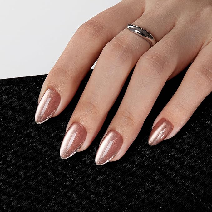 VSALON Press on Nails Short Almond - Pink Cat Eye Glitter Metallic Tip Fake Nails Kit for Woman, Reusable Opaque Gel Chrome Glue on Nails with Glue & Cuticle Oil - 32 PCS Stick on Nails in 16 Sizes