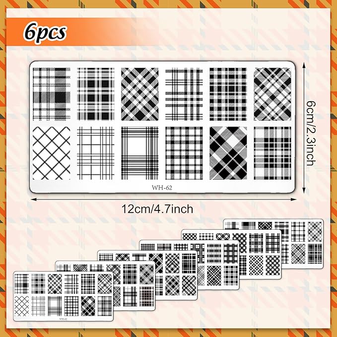 Whaline 6Pcs Plaid Nail Art Stamping Plate Kit Various Plaid Argyle Pattern Autumn Nail Art Plate for Fall Thanksgiving Holiday DIY Print Manicure Salon Design, 4.7 x 2.3 Inch