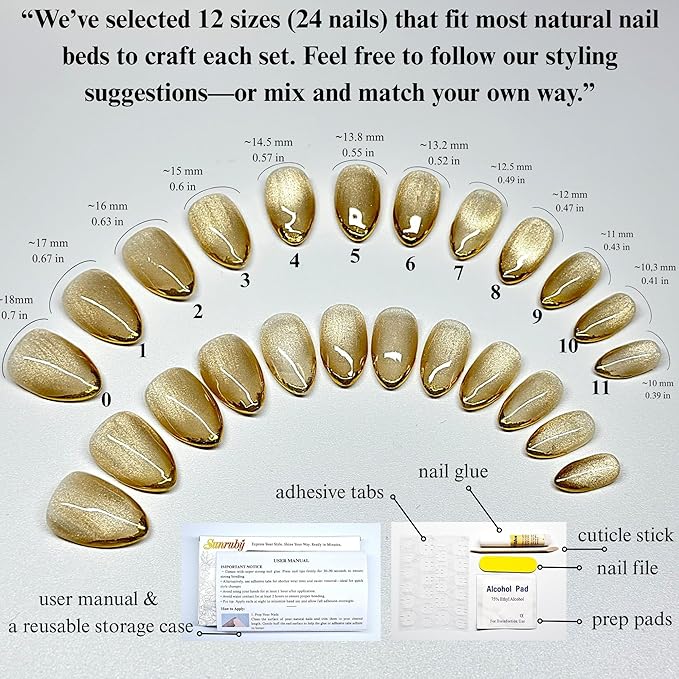 Press On Nails Short Almond Iridescent Nude-Cat Eye with Gold Glitter French Tip | Reusable Soft Gel Nails in 12 Sizes 24 Nail Kit with Glue | Designed in L.A, Handmade in Vietnam | Golden Eye