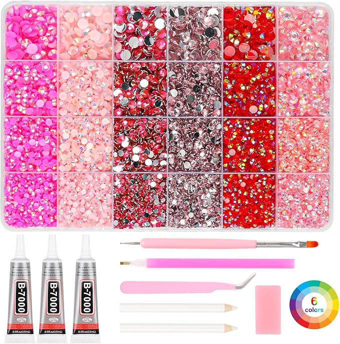 19200Pcs Pink Rhinestones for Bedazzling, 3mm -6mm Flatback Rhinestones for Diamond Art, Bedazzling Kit with 3Pcs 15ml B7000 Jewelry Glue for Nail Art Crafting Book Makeup