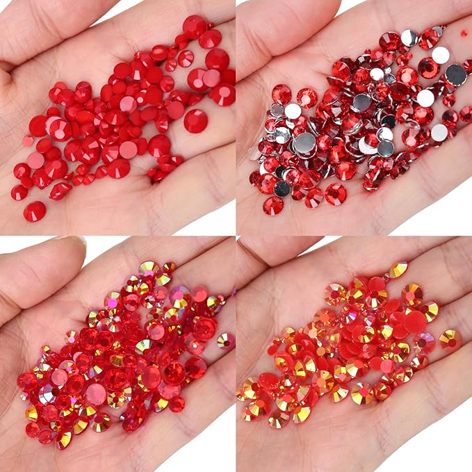 15000PCs 2-6MM Red Series Resin Flat Back Rhinestones, Round Non Hotfix Jelly & Silver Bottom Resin Rhinestones Nail Gems Stones with Tweezer & Picker Pen for Nail Art Tumblers & DIY Crafts