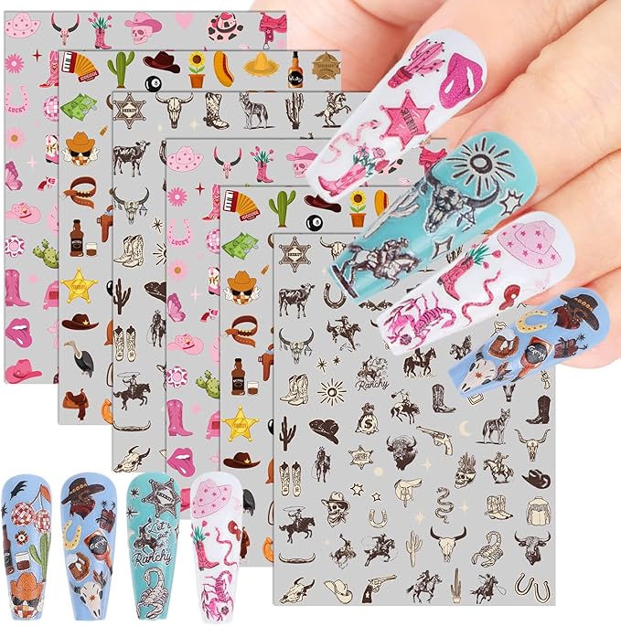 Keluna Western Nail Art Stickers - 6 Sheets Cowboy Cowgirls Nail Sticker, 5D Embossed Western Nail Decals, Retro Self Adhesive Nail Decal for Women Girls DIY Manicure Decoration Accessories