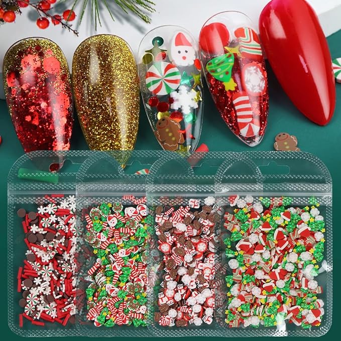 4 Bags Christmas Nail Art Slices Snowflake Santa Claus Christmas Tree Candy Snowman Gingerbread Man Designs Christmas Nail Charms 3D Winter Mini Clay Slices for Acrylic Nails Decorations