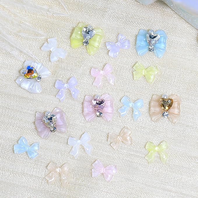 HNUIX Bow Nail Charms - Champagne, AB, White, Heart Rhinestones for Acrylic Nails, with Kit, for Nail Art, DIY Crafts Decor